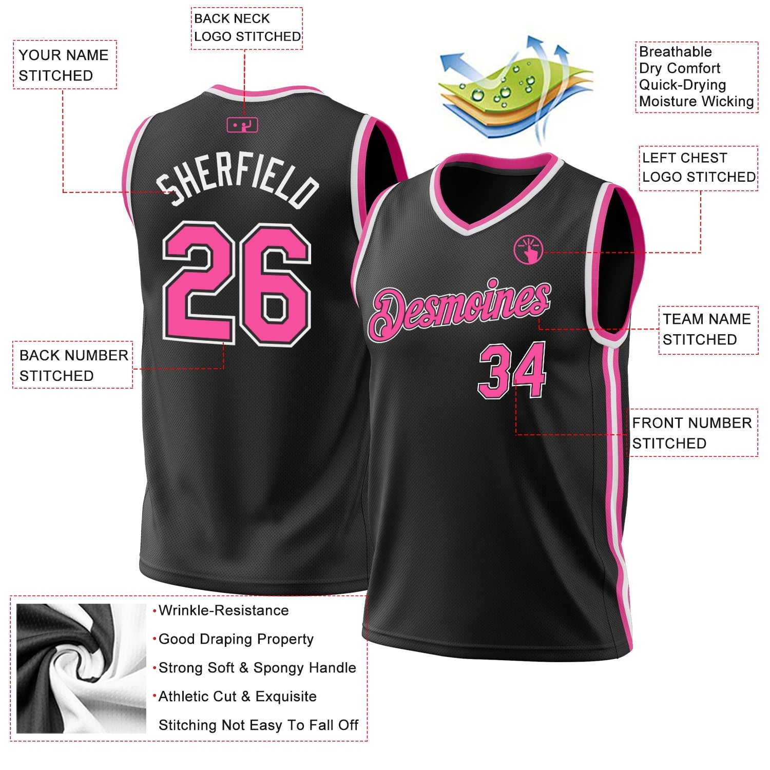 Custom Black Pink-White Authentic Throwback Basketball Jersey - Sky-Custom