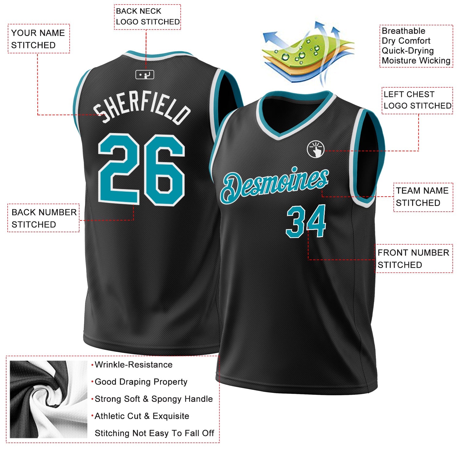 Custom Black Teal-White Authentic Throwback Basketball Jersey - Sky-Custom