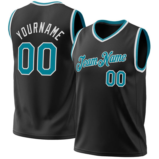 Custom Black Teal-White Authentic Throwback Basketball Jersey - Sky-Custom