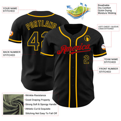 Custom Black Gold-Red Authentic Baseball Jersey - Sky-Custom