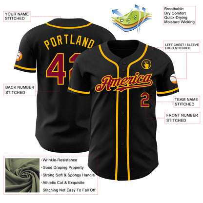 Custom Black Maroon-Gold Authentic Baseball Jersey - Sky-Custom