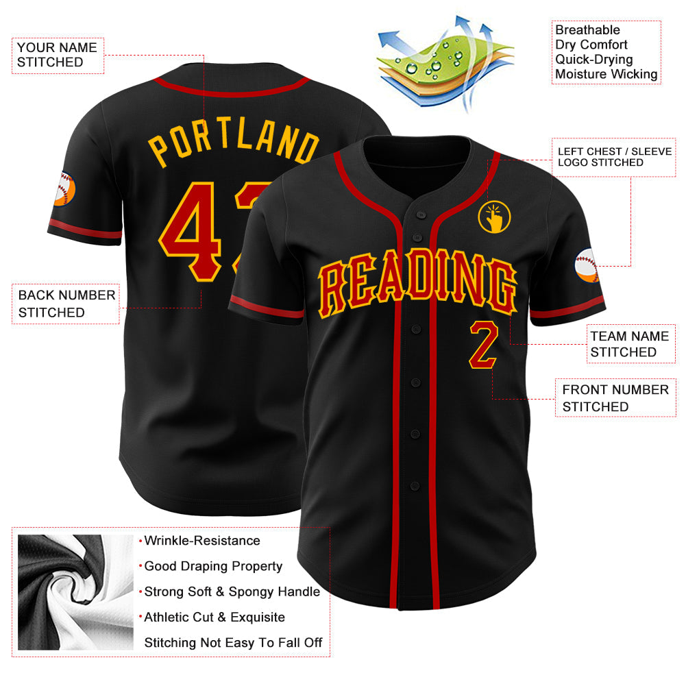 Custom Black Red-Gold Authentic Baseball Jersey - Sky-Custom