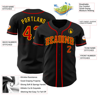 Custom Black Red-Gold Authentic Baseball Jersey - Sky-Custom