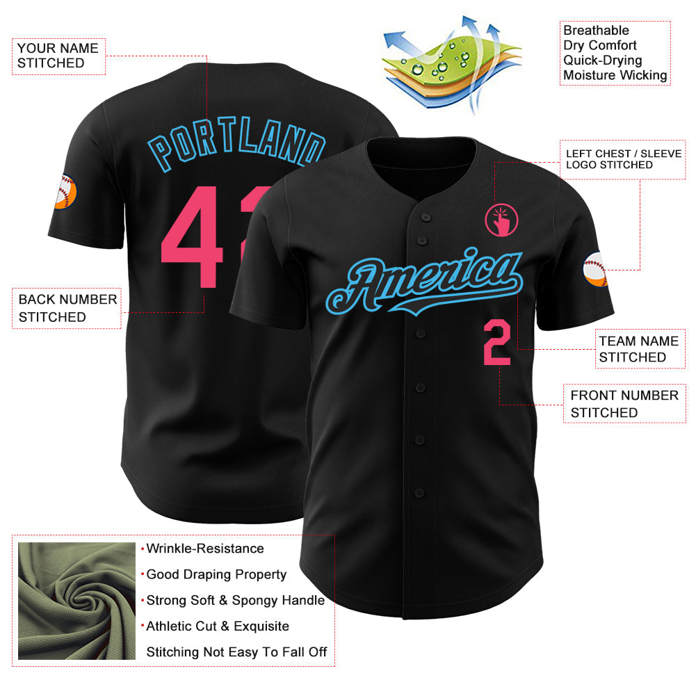 Custom Black Neon Pink-Sky Blue Authentic Baseball Jersey - Sky-Custom