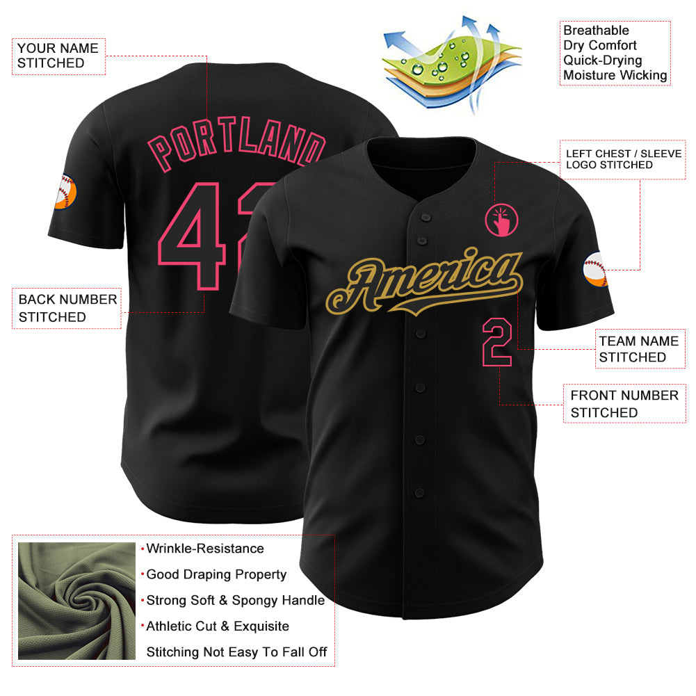 Custom Black Neon Pink-Old Gold Authentic Baseball Jersey - Sky-Custom