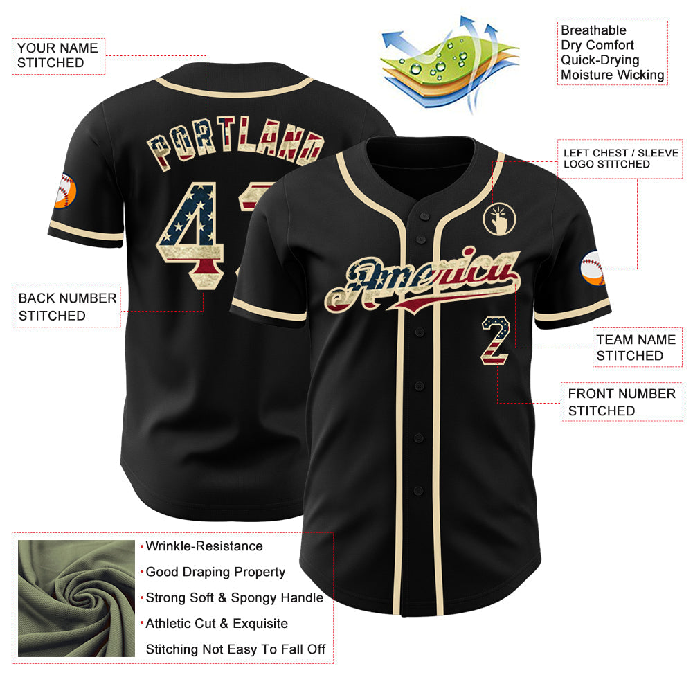 Custom Black Vintage USA Flag-Cream Authentic Baseball Jersey - Sky-Custom
