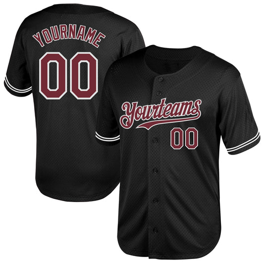 Custom Black Burgundy-White Mesh Authentic Throwback Baseball Jersey - Sky-Custom