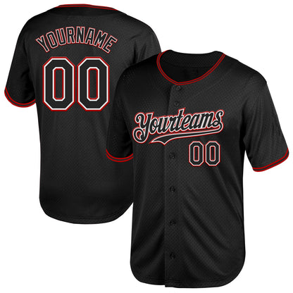 Custom Black White-Red Mesh Authentic Throwback Baseball Jersey - Sky-Custom
