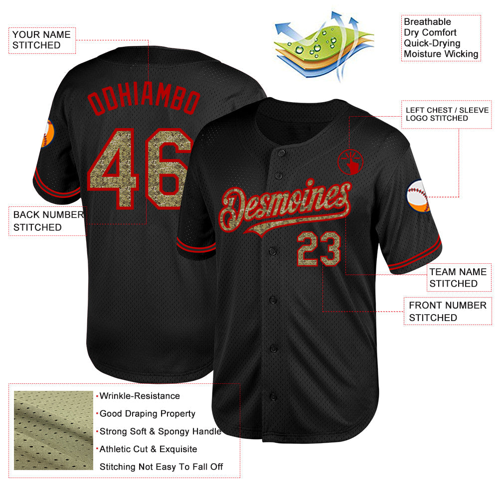 Custom Black Camo-Red Mesh Authentic Throwback Baseball Jersey - Sky-Custom