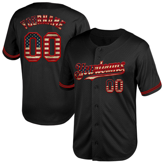 Custom Black Vintage USA Flag-Red Mesh Authentic Throwback Baseball Jersey - Sky-Custom