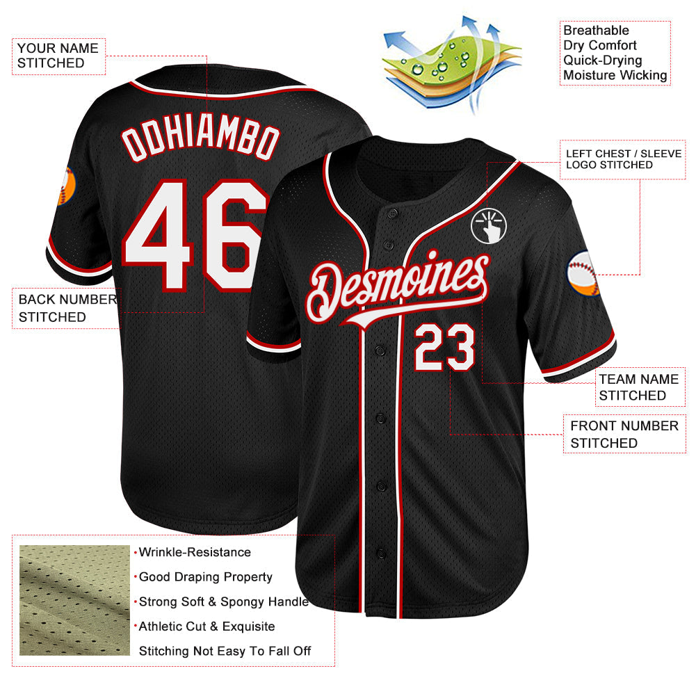 Custom Black White-Red Mesh Authentic Throwback Baseball Jersey - Sky-Custom