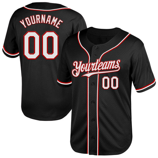 Custom Black White-Red Mesh Authentic Throwback Baseball Jersey - Sky-Custom