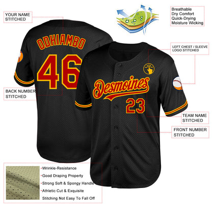 Custom Black Red-Gold Mesh Authentic Throwback Baseball Jersey - Sky-Custom