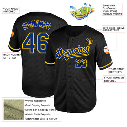 Custom Black Royal-Yellow Mesh Authentic Throwback Baseball Jersey - Sky-Custom