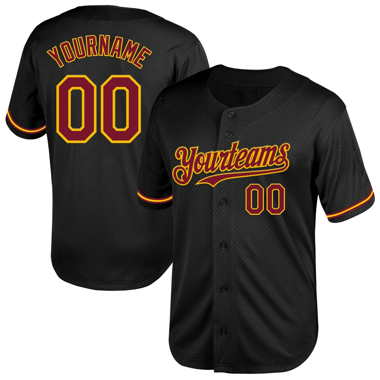 Custom Black Crimson-Yellow Mesh Authentic Throwback Baseball Jersey - Sky-Custom
