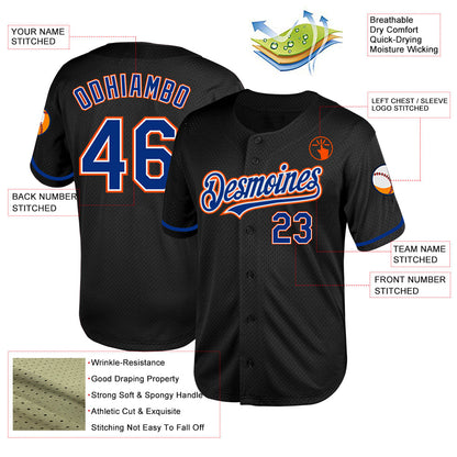 Custom Black Royal-Orange Mesh Authentic Throwback Baseball Jersey - Sky-Custom