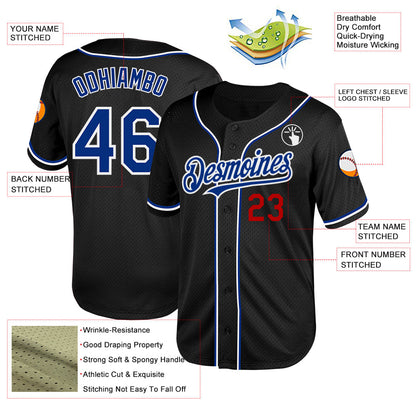 Custom Black Royal-Red Mesh Authentic Throwback Baseball Jersey - Sky-Custom