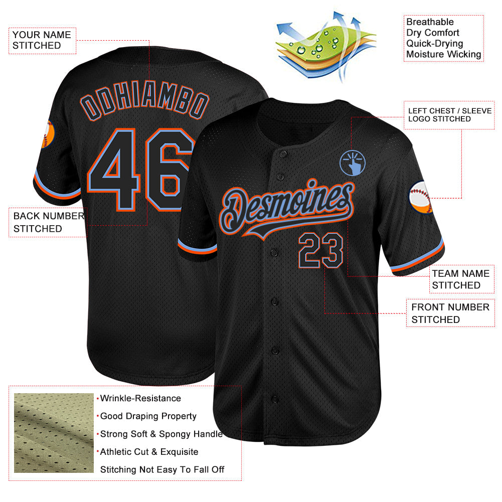 Custom Black Powder Blue-Orange Mesh Authentic Throwback Baseball Jersey - Sky-Custom