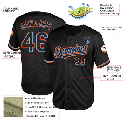 Custom Black Powder Blue-Orange Mesh Authentic Throwback Baseball Jersey - Sky-Custom