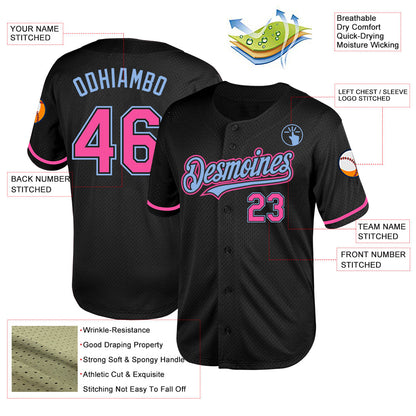 Custom Black Pink-Light Blue Mesh Authentic Throwback Baseball Jersey - Sky-Custom