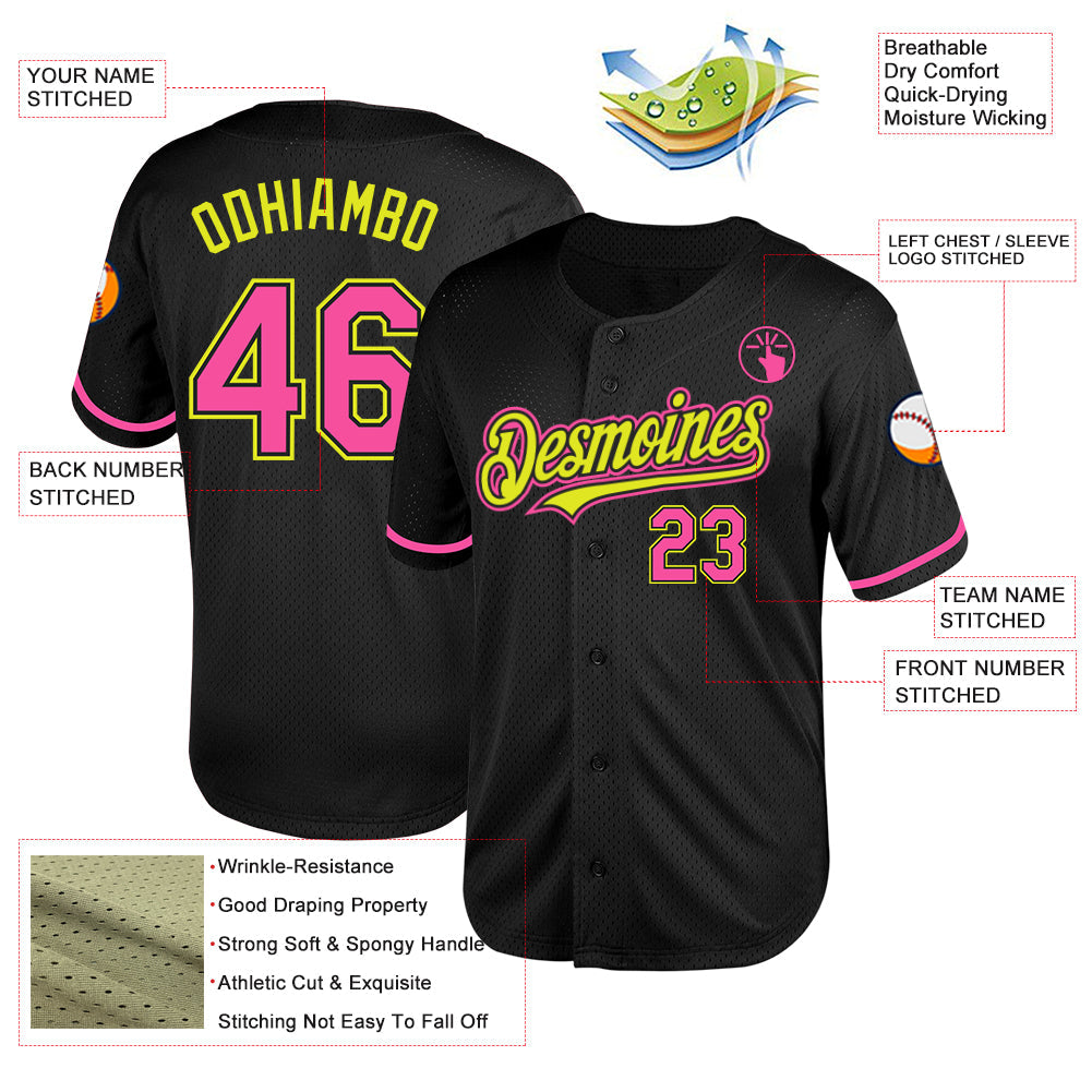 Custom Black Pink-Neon Yellow Mesh Authentic Throwback Baseball Jersey - Sky-Custom