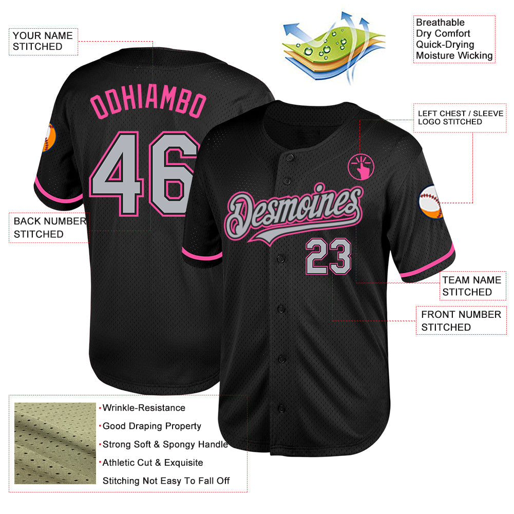 Custom Black Gray-Pink Mesh Authentic Throwback Baseball Jersey - Sky-Custom