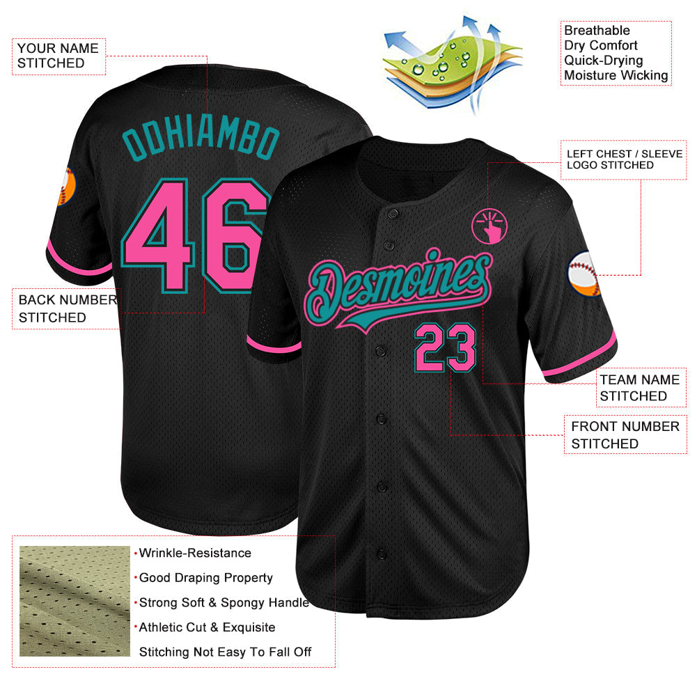 Custom Black Pink-Teal Mesh Authentic Throwback Baseball Jersey - Sky-Custom