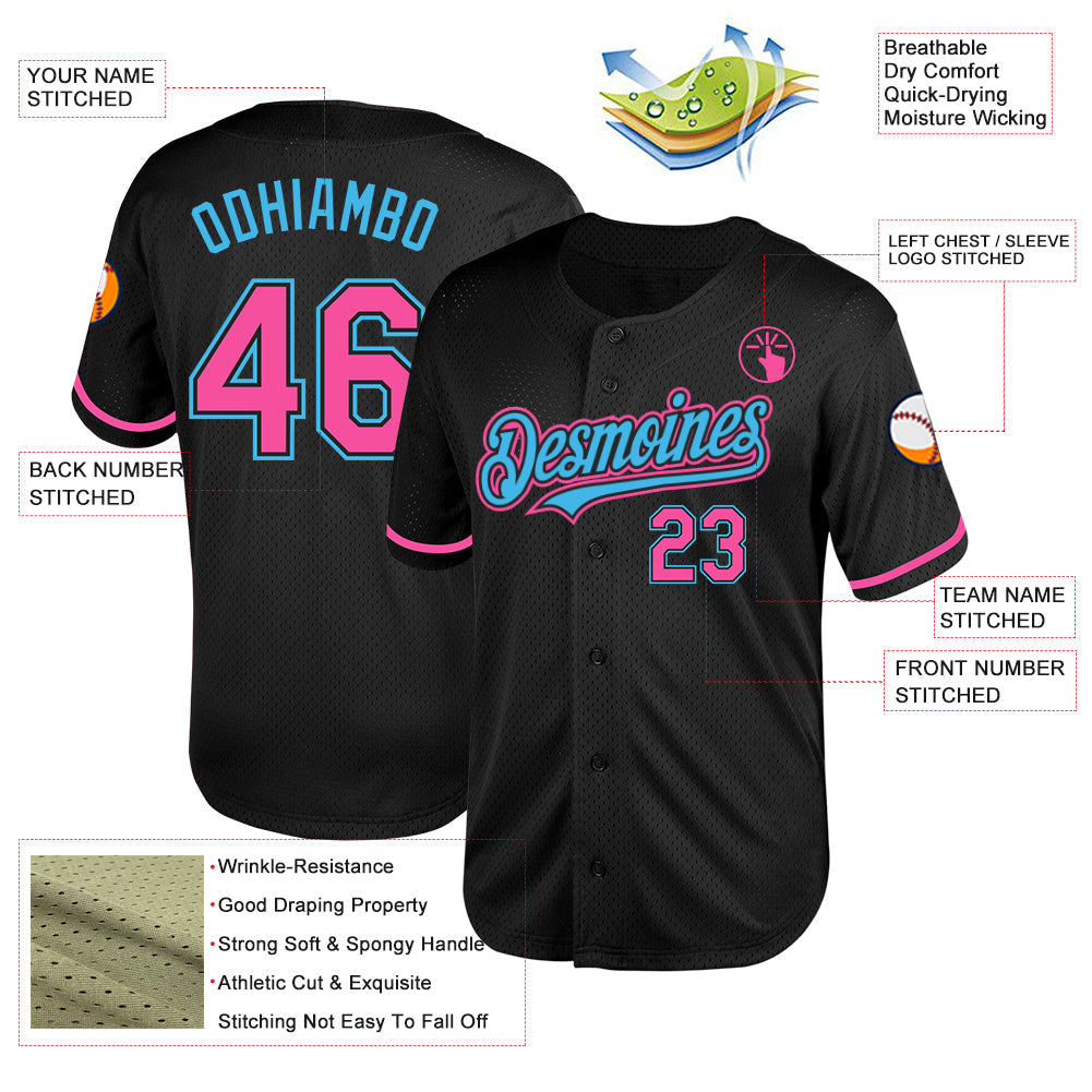 Custom Black Pink-Sky Blue Mesh Authentic Throwback Baseball Jersey - Sky-Custom