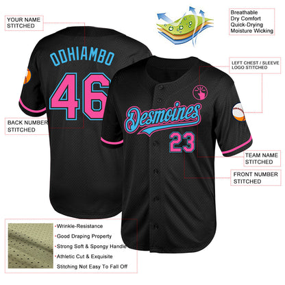Custom Black Pink-Sky Blue Mesh Authentic Throwback Baseball Jersey - Sky-Custom