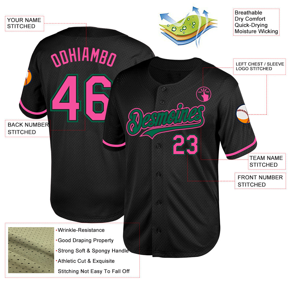 Custom Black Pink-Kelly Green Mesh Authentic Throwback Baseball Jersey - Sky-Custom