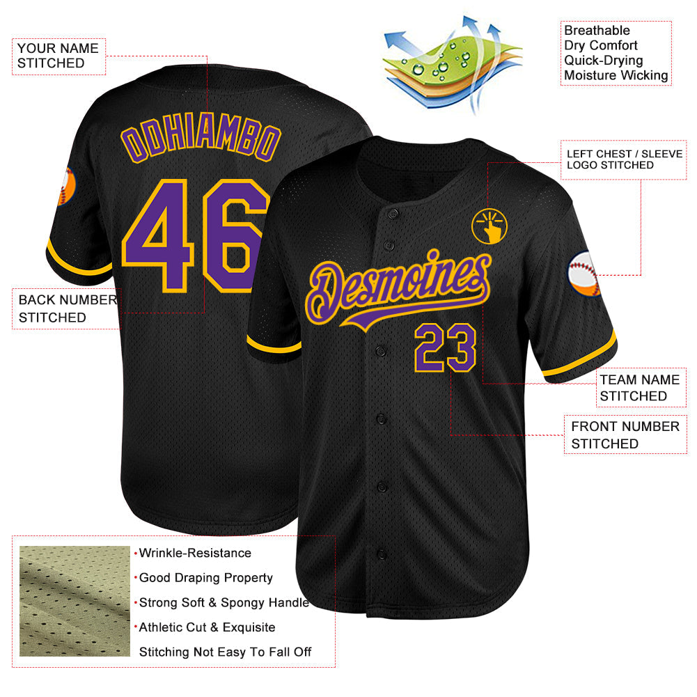 Custom Black Purple-Gold Mesh Authentic Throwback Baseball Jersey - Sky-Custom