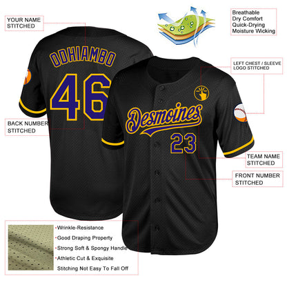 Custom Black Dark Purple-Gold Mesh Authentic Throwback Baseball Jersey - Sky-Custom