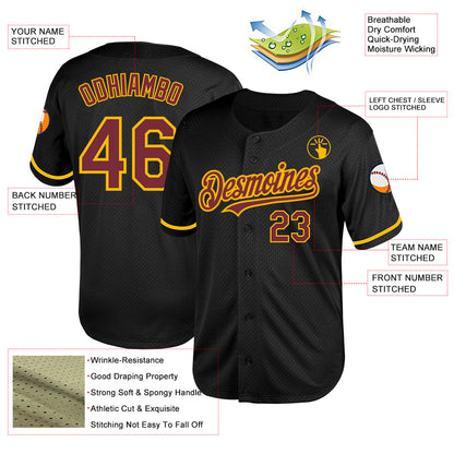 Custom Black Burgundy-Gold Mesh Authentic Throwback Baseball Jersey - Sky-Custom