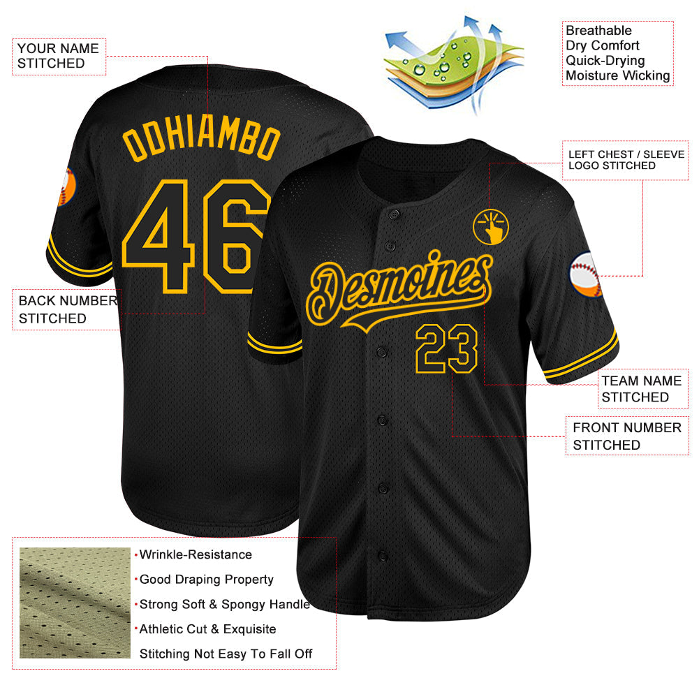 Custom Black Gold Mesh Authentic Throwback Baseball Jersey - Sky-Custom