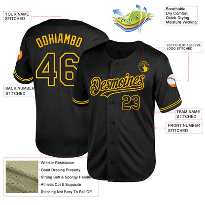 Custom Black Gold Mesh Authentic Throwback Baseball Jersey - Sky-Custom