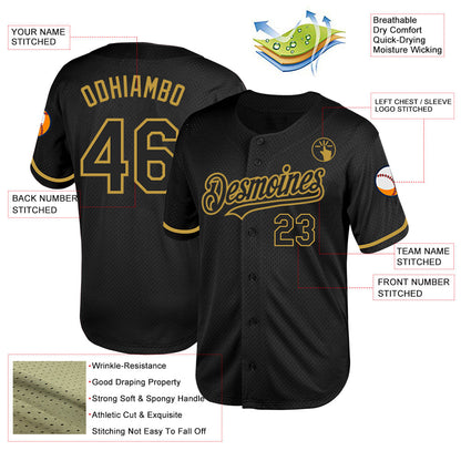 Custom Black Old Gold Mesh Authentic Throwback Baseball Jersey - Sky-Custom