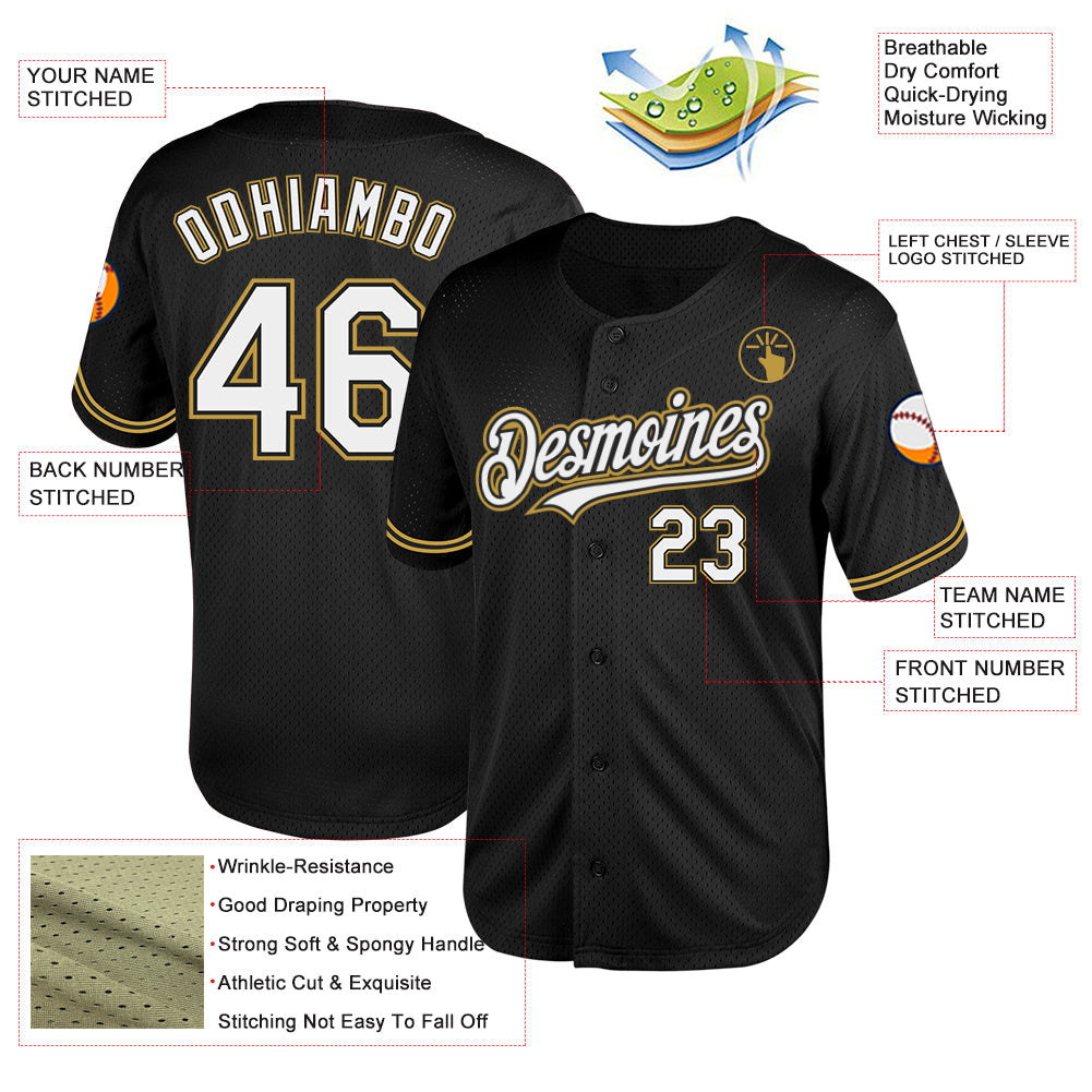Custom Black White-Old Gold Mesh Authentic Throwback Baseball Jersey - Sky-Custom