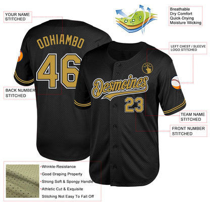 Custom Black Old Gold-White Mesh Authentic Throwback Baseball Jersey - Sky-Custom