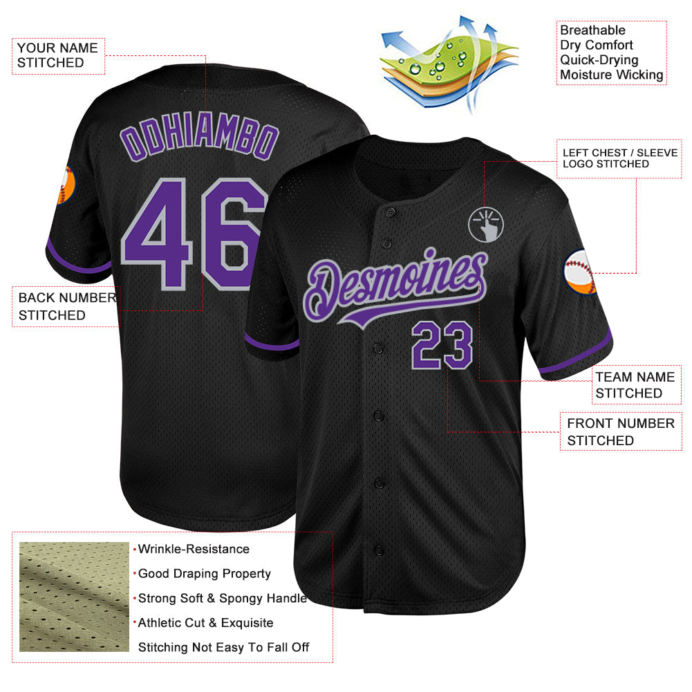 Custom Black Purple-Gray Mesh Authentic Throwback Baseball Jersey - Sky-Custom