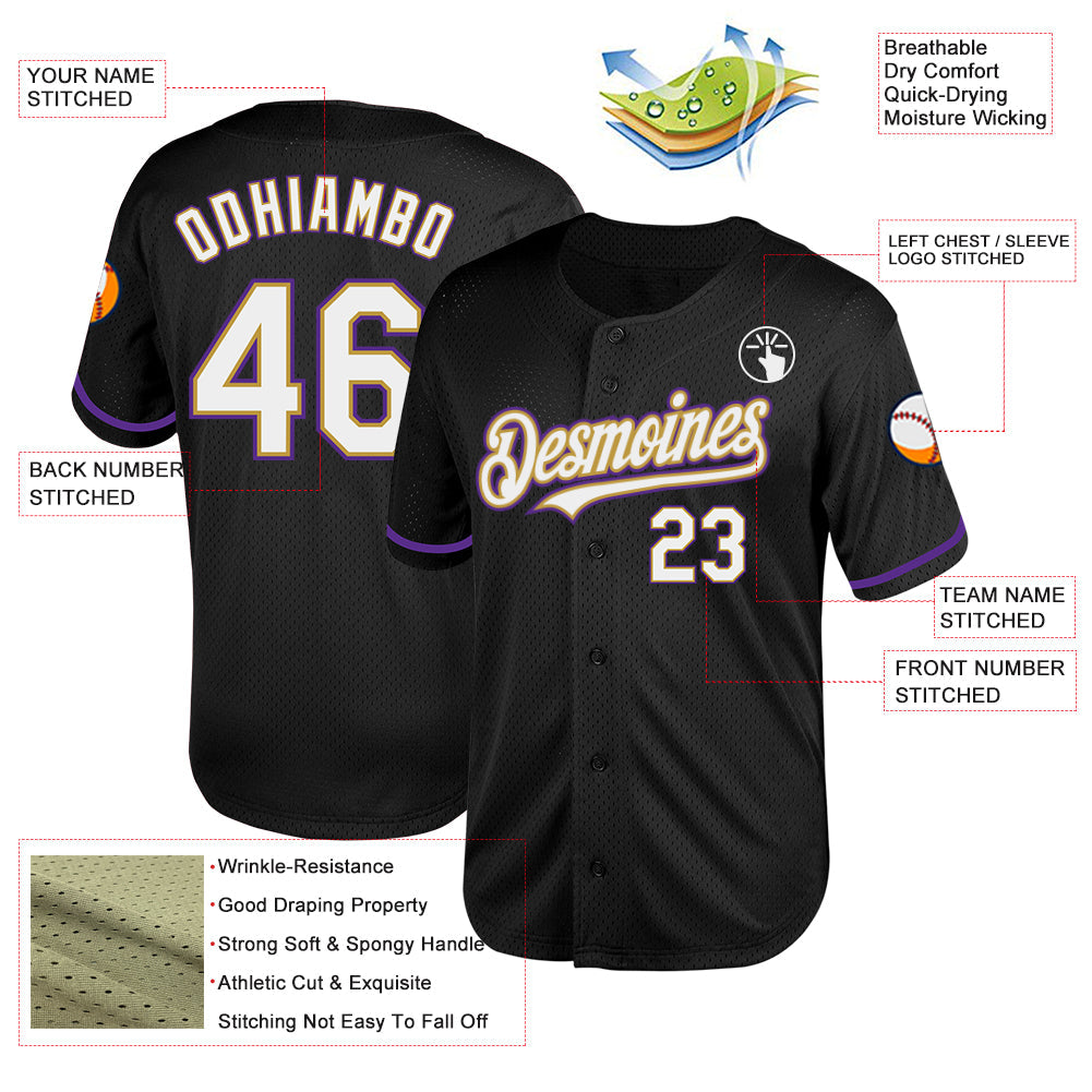 Custom Black White Old Gold-Purple Mesh Authentic Throwback Baseball Jersey - Sky-Custom