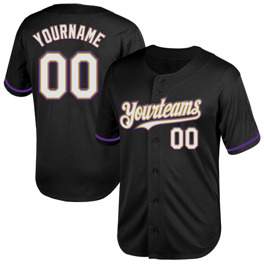 Custom Black White Old Gold-Purple Mesh Authentic Throwback Baseball Jersey - Sky-Custom