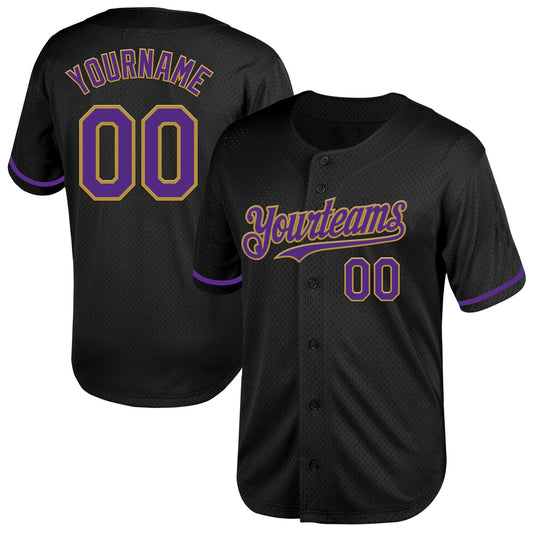 Custom Black Purple-Old Gold Mesh Authentic Throwback Baseball Jersey - Sky-Custom
