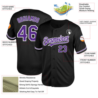 Custom Black Purple-White Mesh Authentic Throwback Baseball Jersey - Sky-Custom