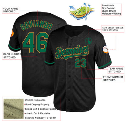 Custom Black Kelly Green-Old Gold Mesh Authentic Throwback Baseball Jersey - Sky-Custom