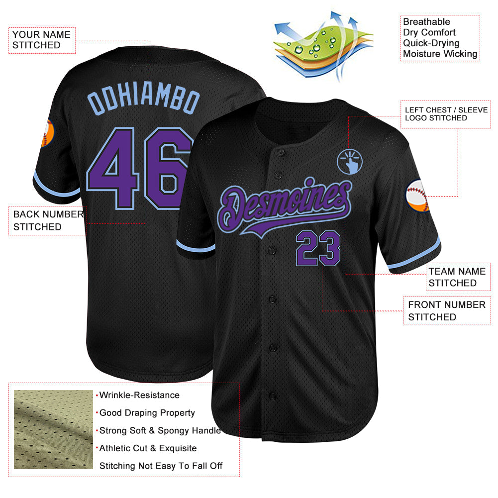 Custom Black Purple-Light Blue Mesh Authentic Throwback Baseball Jersey - Sky-Custom