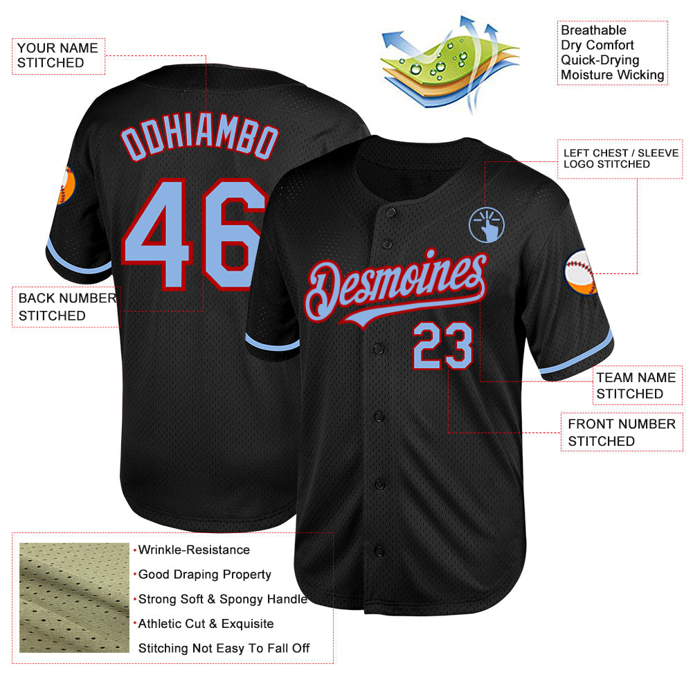 Custom Black Light Blue-Red Mesh Authentic Throwback Baseball Jersey - Sky-Custom
