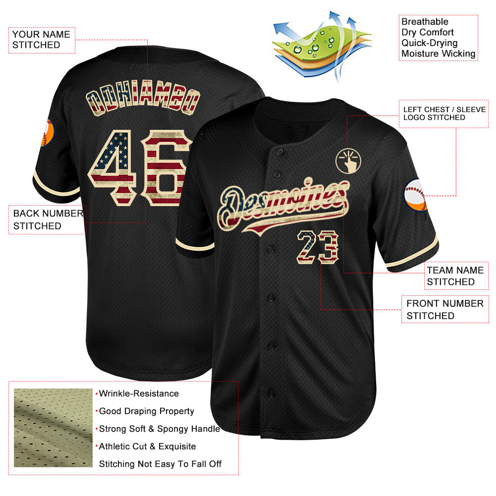 Custom Black Vintage USA Flag-Cream Mesh Authentic Throwback Baseball Jersey - Sky-Custom