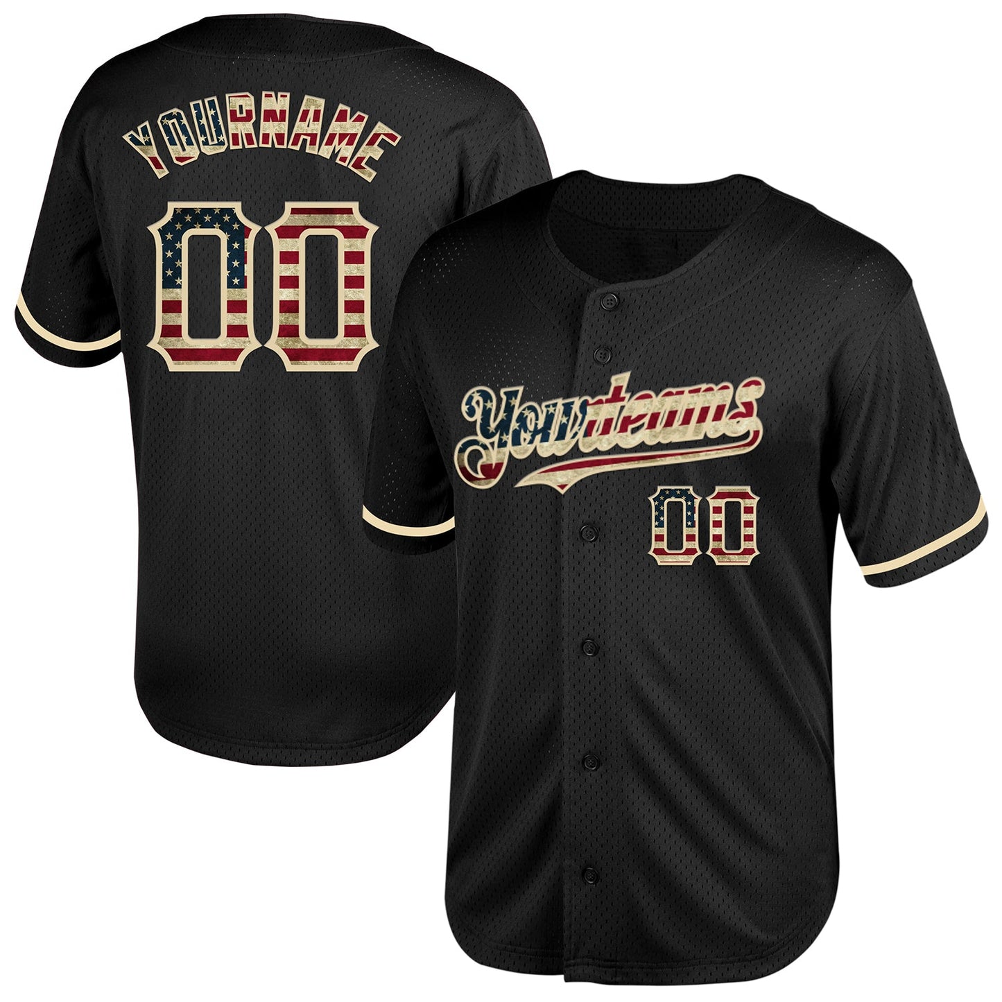 Custom Black Vintage USA Flag-Cream Mesh Authentic Throwback Baseball Jersey - Sky-Custom