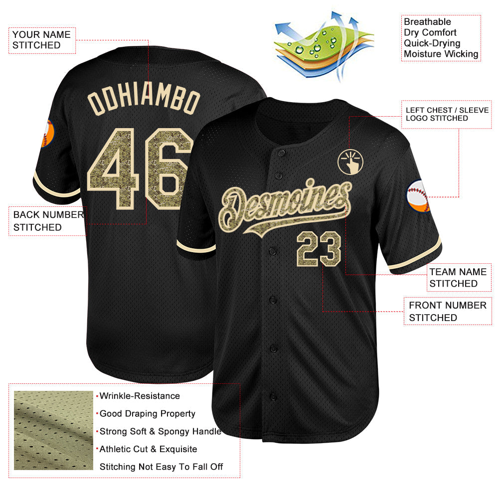 Custom Black Camo-Cream Mesh Authentic Throwback Baseball Jersey - Sky-Custom