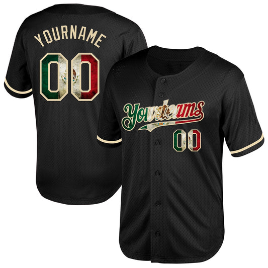 Custom Black Vintage Mexican Flag-Cream Mesh Authentic Throwback Baseball Jersey - Sky-Custom